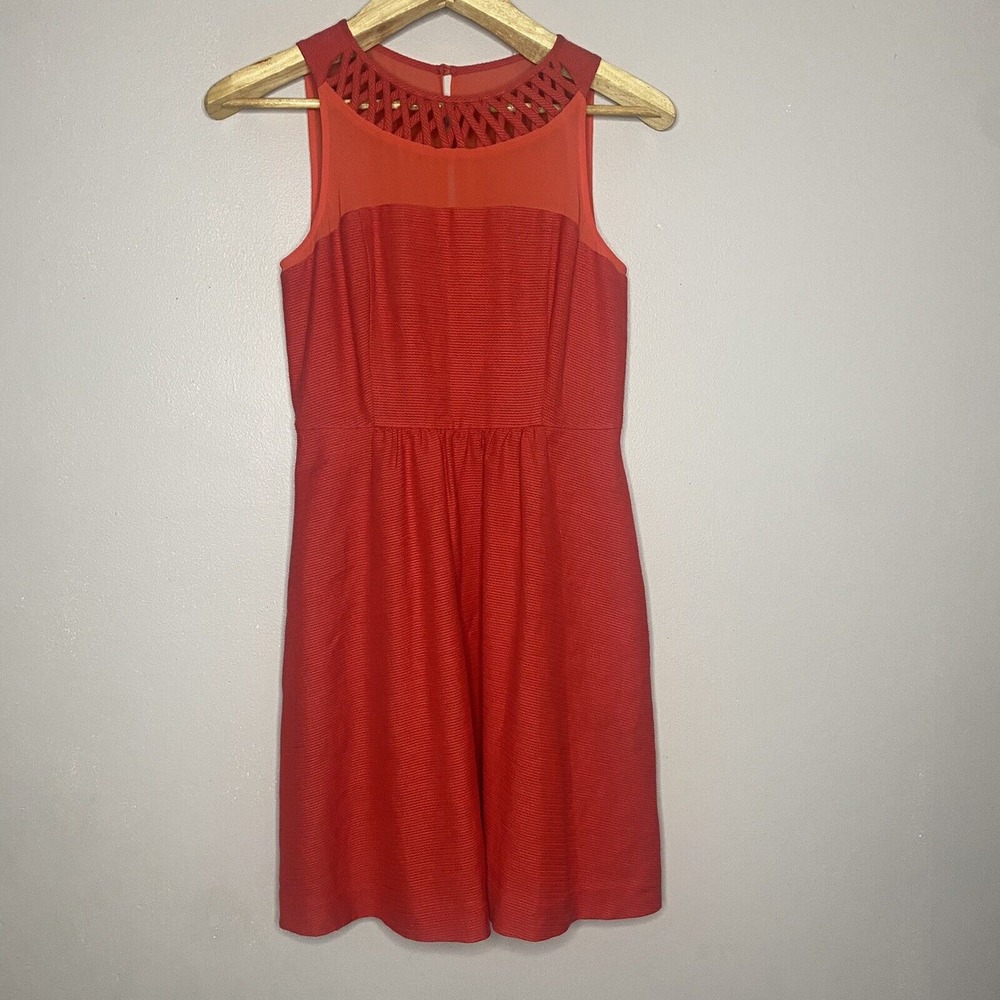 Anthropologie Maeve Lattice‎ Neck Dress Red Sleeveless Fit & Flare Pocket Size 6